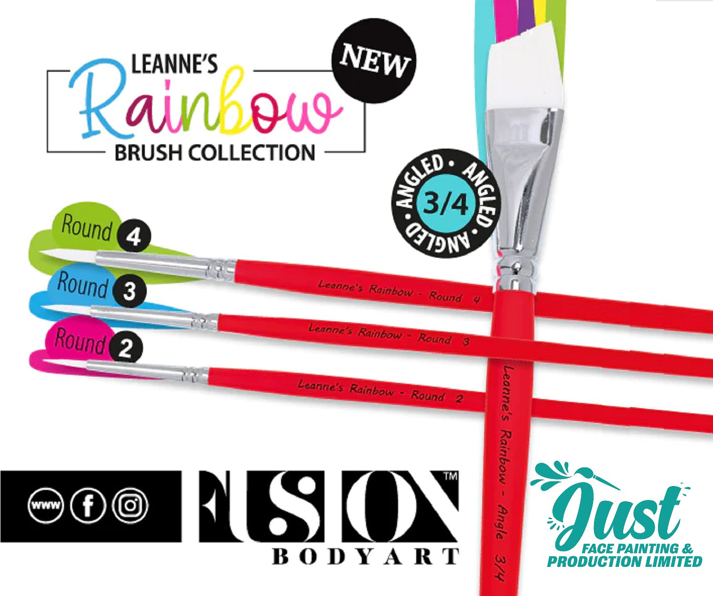 Fusion brush - LEANNE'S RAINBOW - Face Painting Brush with White Tacklon Bristles - Round 2 / 3 / 4