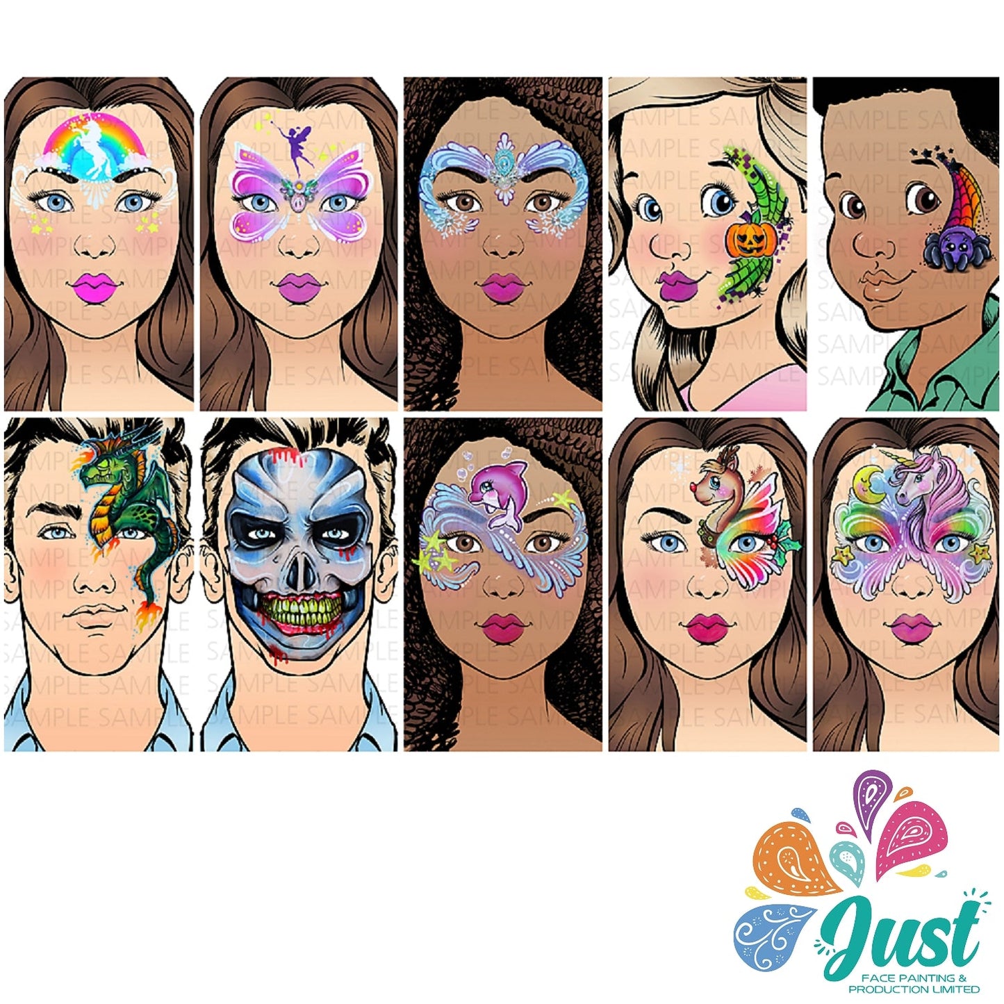 Sparkling Faces - The Ultimate Face Painting Guide - Colorful & Fun Designs by Elodie Ternois by Milena Potekhina with 3 stencils