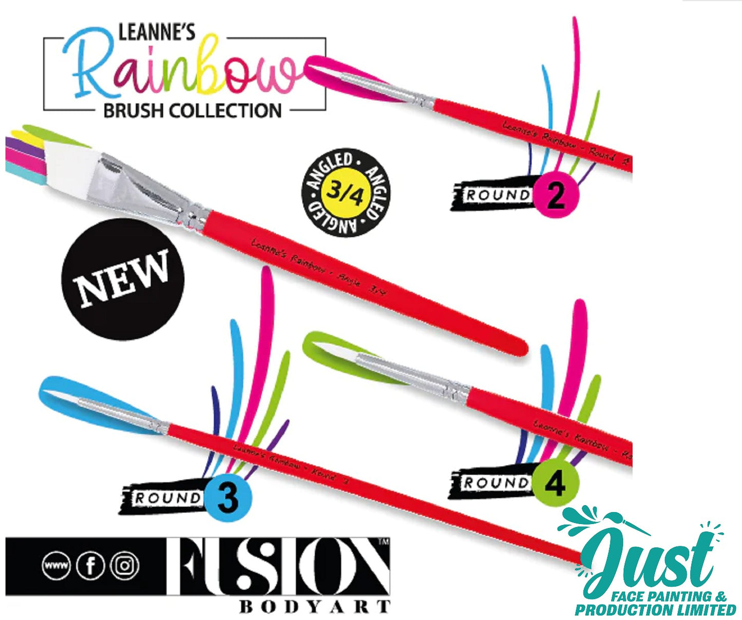 Fusion brush - LEANNE'S RAINBOW - Face Painting Brush with White Tacklon Bristles - 3/4 Angled Brush